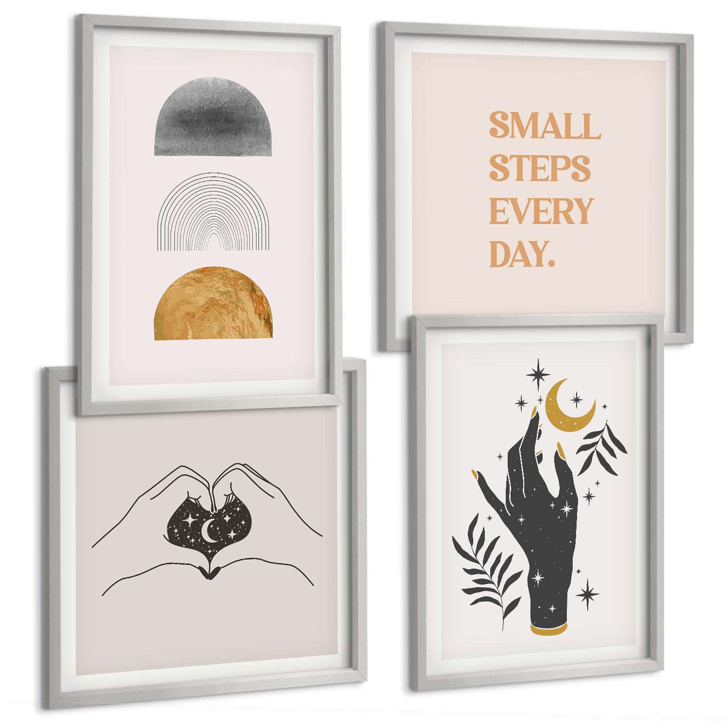BILDER SET 4er Set - 50x50 cm & 40x60 cm Silberner Rahmen - Minimalistische Boho-Illustrationen - Silberfarben, Kunststoff (50/50cm) - TULUP