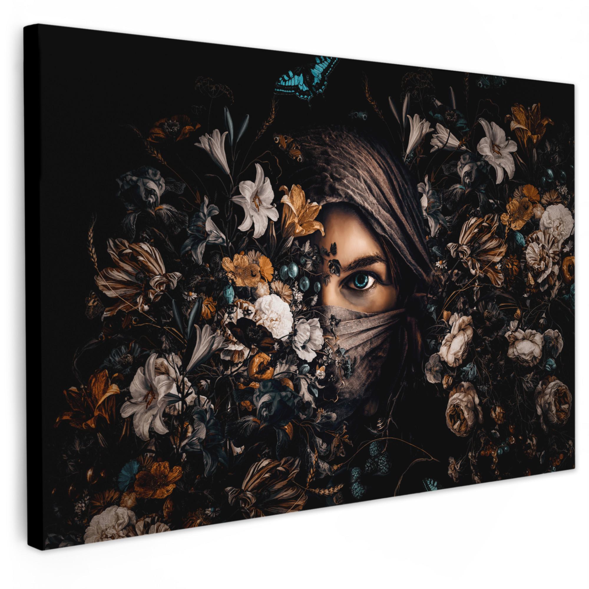 LEINWANDBILD Frau - Luxus - Blumen - Schmetterling - Porträt XXL 150x100 cm - Schwarz, Textil (150/100cm) - MuchoWow