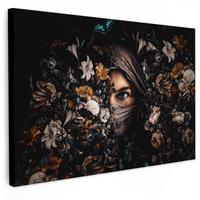 LEINWANDBILD Frau - Luxus - Blumen - Schmetterling - Porträt XXL 150x100 cm - Schwarz, Textil (150/100cm) - MuchoWow