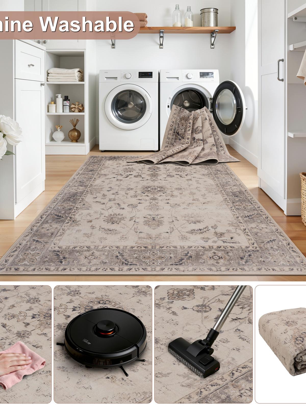 LÄUFER waschbar, mit floralen Ornamenten, aus Polyester, VERNANTE in Beige-Grau, 80 x 250 cm - Beige, Textil (80/250cm) - KADIMA DESIGN