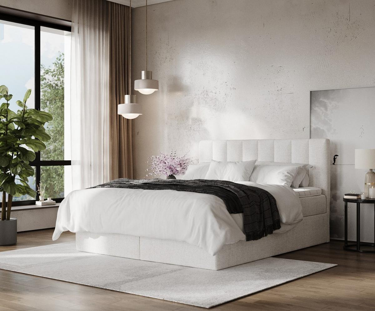 BOXBETT Lusso 180/200 cm Creme im Neve Stoff - Creme/Schwarz, Holz/Holzwerkstoff (180/200cm) - AltaBeds