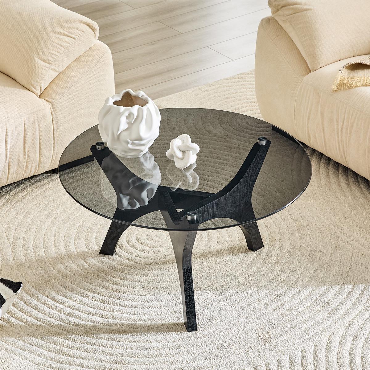 COUCHTISCH rund (Ø 80cm) aus schwarzem Holz und bernsteinfarbenem Glas - Schwarz, Glas (80/80/42.2cm) - Urban Meuble