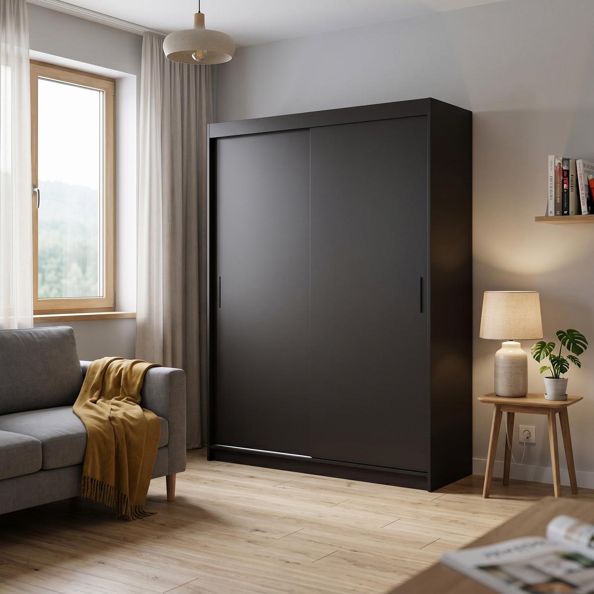 SCHWEBETÜRENSCHRANK TELA 160/205/60cm 2-türig Schwarz - Schwarz, Holzwerkstoff (160/205/60cm) - MASSENO
