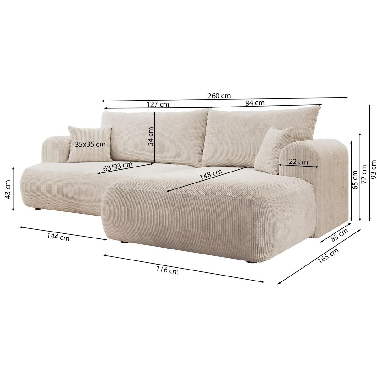 ECKSOFA Ovo Cord mit Cordbezug Hellgrau, links - Hellgrau/Schwarz, Textil (260/165cm) - Selsey