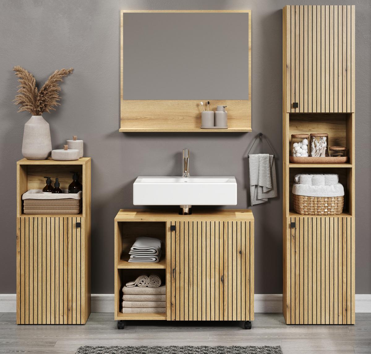 BADMÖBEL-SET Evoke Eiche 4-teilig 180 x 190 cm, Badkombination mit viel Stauraum - Eichefarben/Schwarz, Glas/Holzwerkstoff (40/190/180cm) - Top.Furn