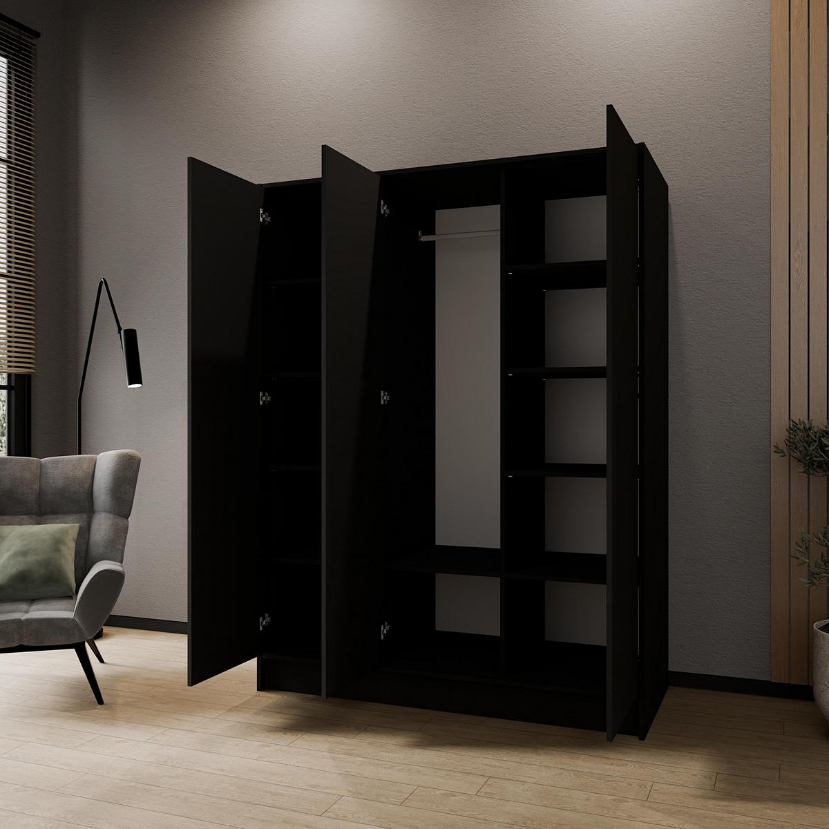 DREHTÜRENSCHRANK VELAR 150/200/51 cm Modern Kleiderschrank 3-türig Schwarz - Schwarz, Holzwerkstoff (150/200/51cm) - MASSENO