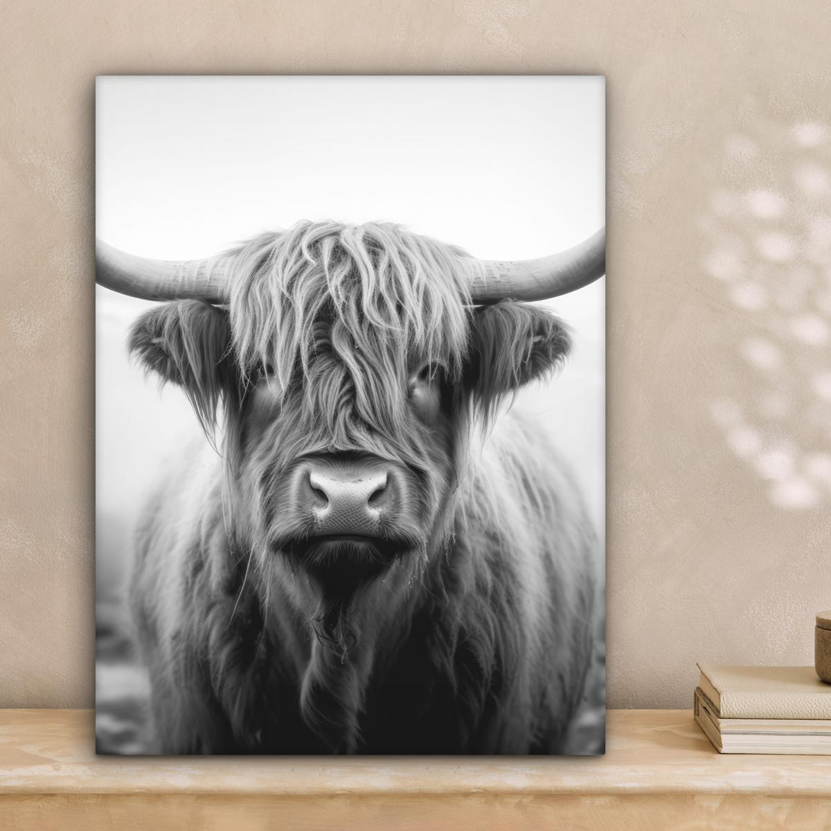 LEINWANDBILD Schottischer Highlander - Nebel - Schwarz - Weiß Room Decor 30x40 cm - Grau, Textil (30/40cm) - MuchoWow