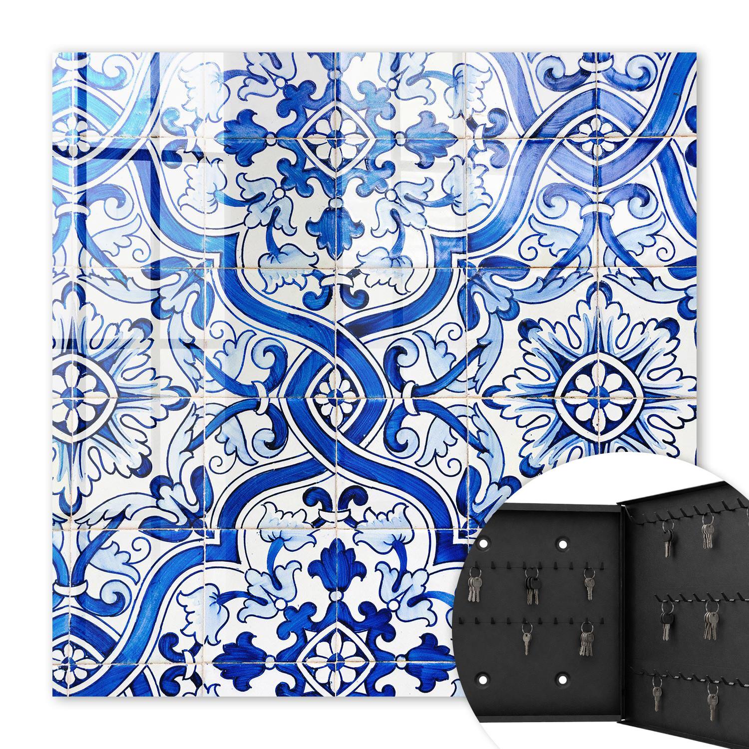 SCHLÜSSELBOX Schwarz 30x30 cm- Türöffnung nach rechts - Dekorative Fliesen - Blau, Metall (30/30/5cm) - TULUP