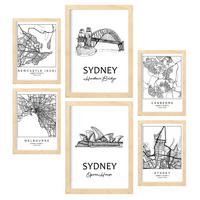 POSTER Set Mit 6 Drucke Von Australien Von Karten In Schwarz Weiß A3 & A4 Rahmen Aus Hellem Holz - Beige, Papier (29/3cm) - Nacnic