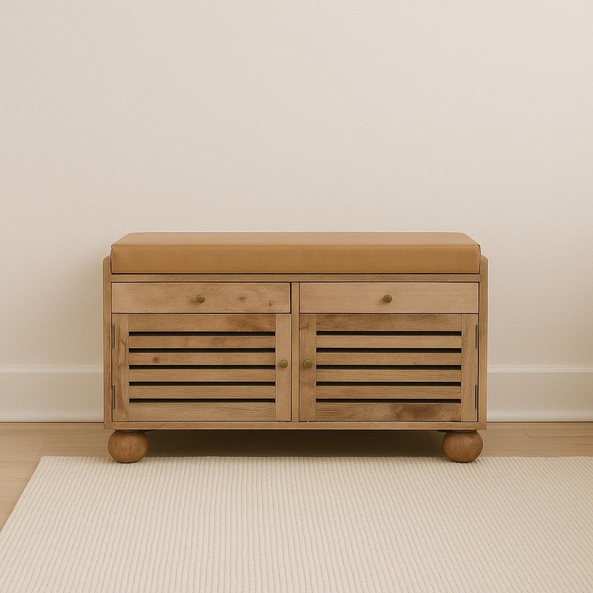 REGAL mit Eichenoptik-Finish, 2 Schubladen, 4 Ablagen, 2 Türen, hellbraun. - Hellbraun, Leder/Holz (85/56/40cm) - Artisan Furniture