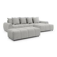 ECKSOFA inkl. Hocker Bubble mit Schlaffunktion und losen Rückenkissen, Sitzfläche Bubble-Optik aus weichem Hellegrau Strukturstoff - Ottomane Rechts - Hellgrau/Schwarz, Holz/Kunststoff (306/180cm) - S-Style Möbel