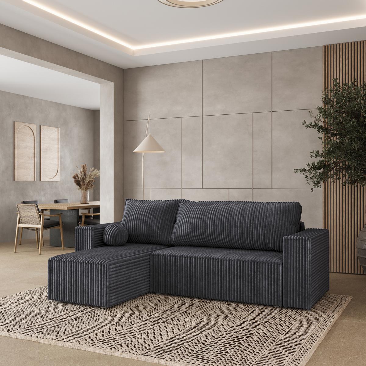 ECKSOFA RAVELO T Graphitfarben Kordstoff mit Schlaffunktion - Graphitfarben/Grau, Holz/Kunststoff (240/140cm) - MASSENO