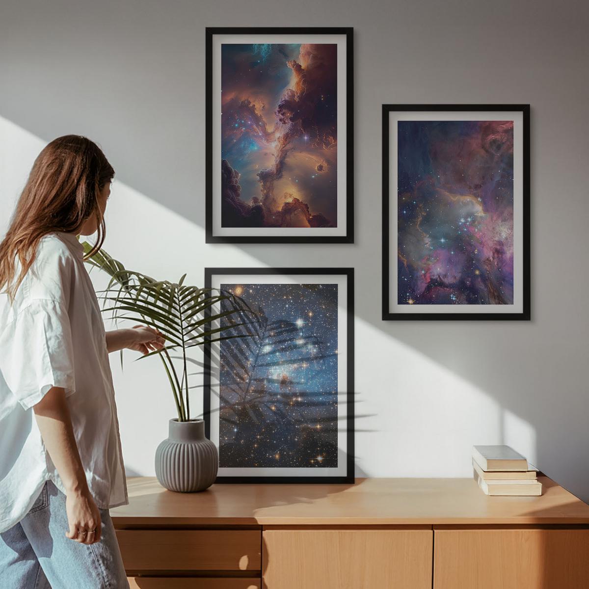 BILDER SET 3er Set - 40x60 cm Schwarzer Rahmen - Kosmische Sternenlandschaften - Schwarz, Kunststoff (40/60cm) - TULUP