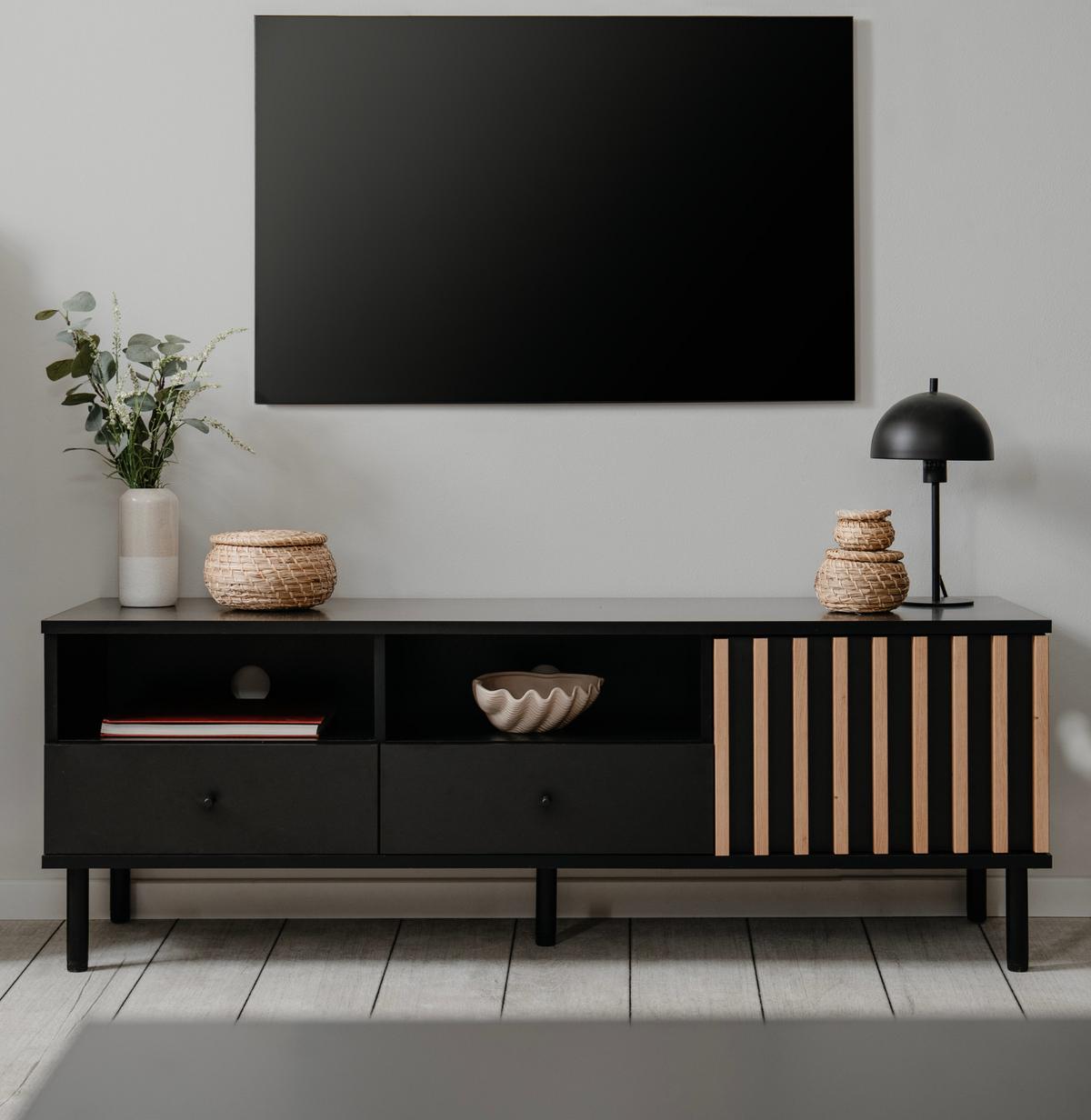TV-LOWBOARD schwarz, Eiche Artisan 138 cm, TV-Unterteil mit 3D-Lamellen - Schwarz/Eiche Artisan, Holzwerkstoff/Metall (138/49/40cm) - Furn.Design