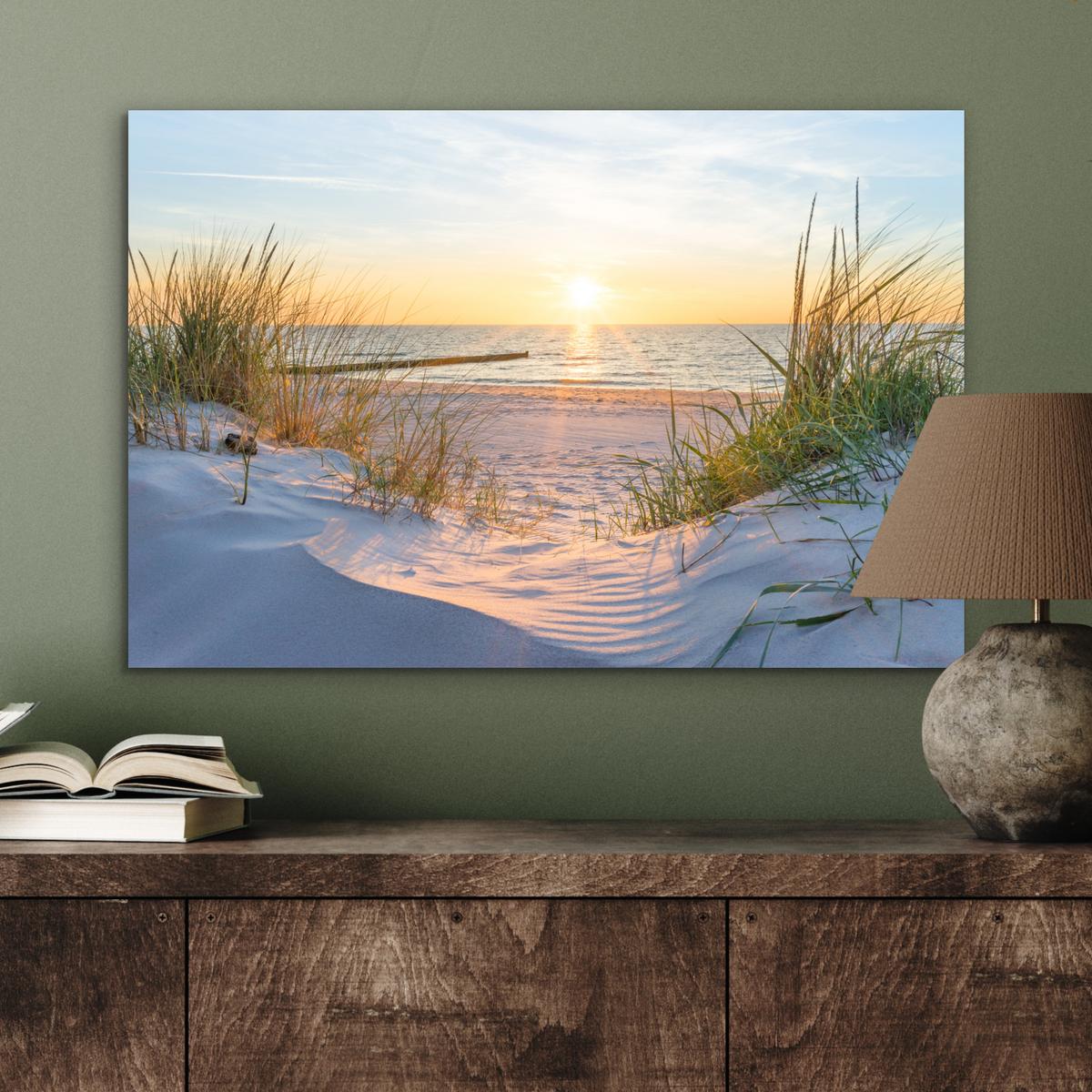 METALLBILD Strand - Sonne - Düne - Gras - Sand - Horizont Wandbild 60x40 cm - Hellblau, Metall (60/40cm) - MuchoWow