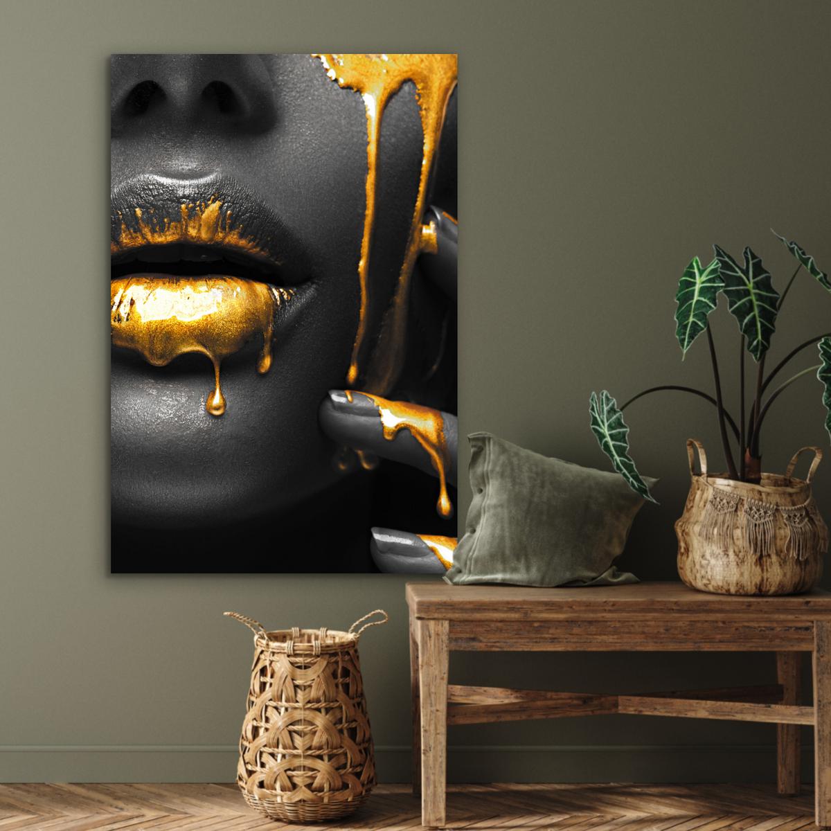 METALLBILD Frau - Schwarz - Gold - Gesicht - Lippen 80x120 cm - Goldfarben, Metall (80/120cm) - MuchoWow