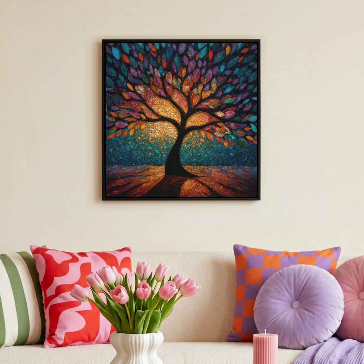 LEINWAND Bilder mit Rahmen - Mosaik - Bunt - Baum - Äste - 50x50 - Multicolor, Textil (50/50cm) - MuchoWow