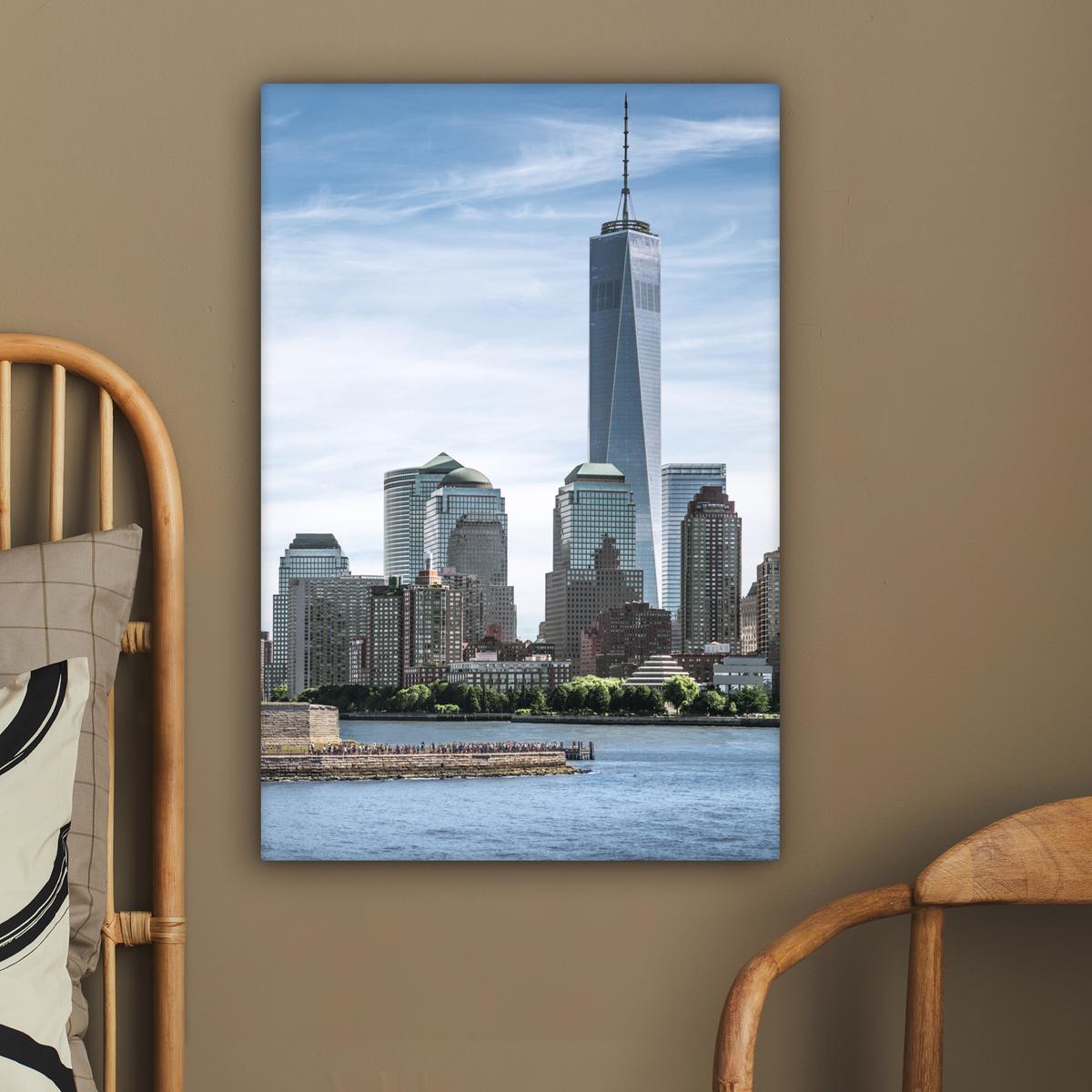 LEINWANDBILD New York - Freiheitsstatue - Wasser Wanddeko Schlafzimmer 60x90 cm - Hellblau, Textil (60/90cm) - MuchoWow