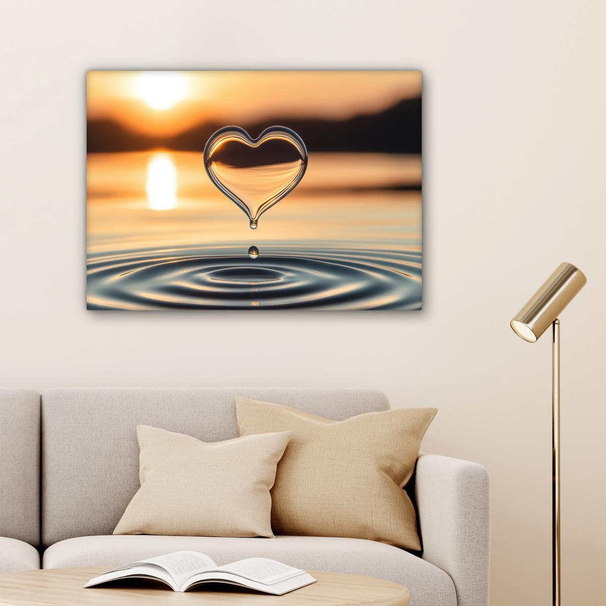 LEINWANDBILD Herz - Wasser - Sonnenuntergang - Natur - Zen Wandbilder 80x60 cm - Bernsteinfarben, Textil (80/60cm) - MuchoWow