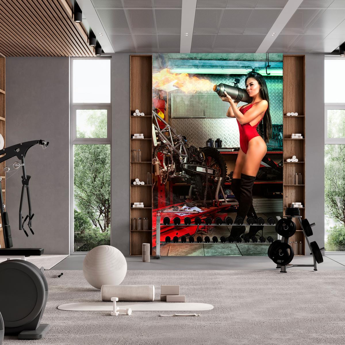 FOTOTAPETE Frau mit Brenner Garage Motorräder Werkzeuge 400x280 - Beige/Rot, Papier (400/280cm) - Muralo