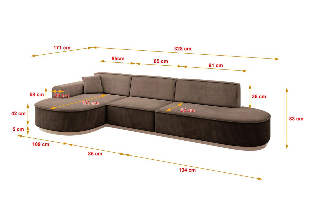 ECKSOFA Ottomane Links MARI-L2-v1 - 328x171x83 cm Braun Velours - Braun, Holzwerkstoff/Textil (328/171cm) - ALTDECOR
