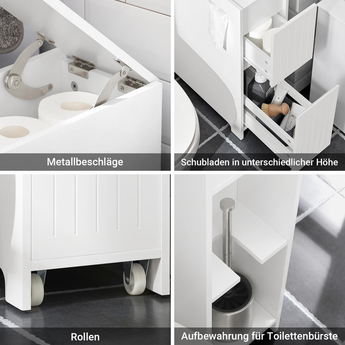 NISCHENREGAL mit Rollen, Weiß, 20 cm breit, 2 Schubladen und offenes Fach, auf Rollen, für schmale Lücken in Bad und Waschküche - Weiß, Holzwerkstoff (20/75/60cm) - SoBuy