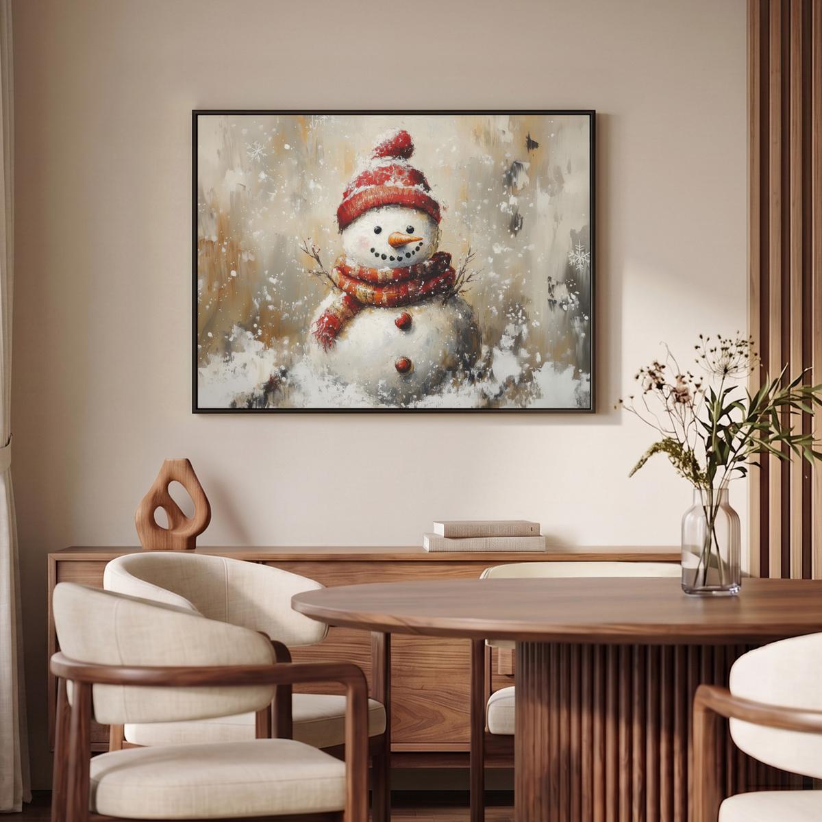 LEINWAND Bilder mit Rahmen - Schneemann - Winter - Schnee - Beige - 100x70 - Weiß, Textil (100/70cm) - MuchoWow
