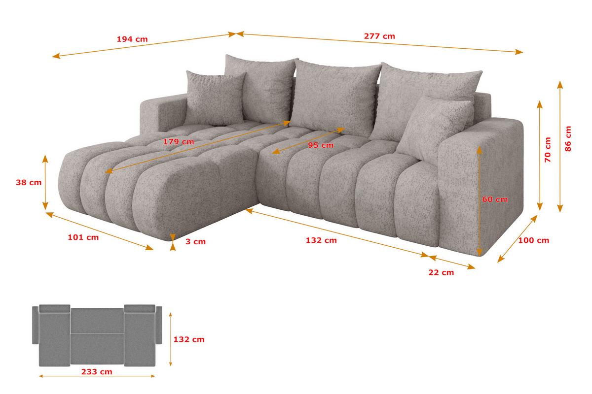ECKSOFA mit Schlaffunktion Ottomane Links MILA-L-v1 277x195x86 Hellgrau Velours - Hellgrau/Schwarz, Holzwerkstoff/Kunststoff (277/194cm) - ALTDECOR