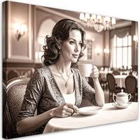 LEINWANDBILD Frau Restaurant Kaffeetasse 90x60cm - Beige, Textil (90/60cm) - Feeby