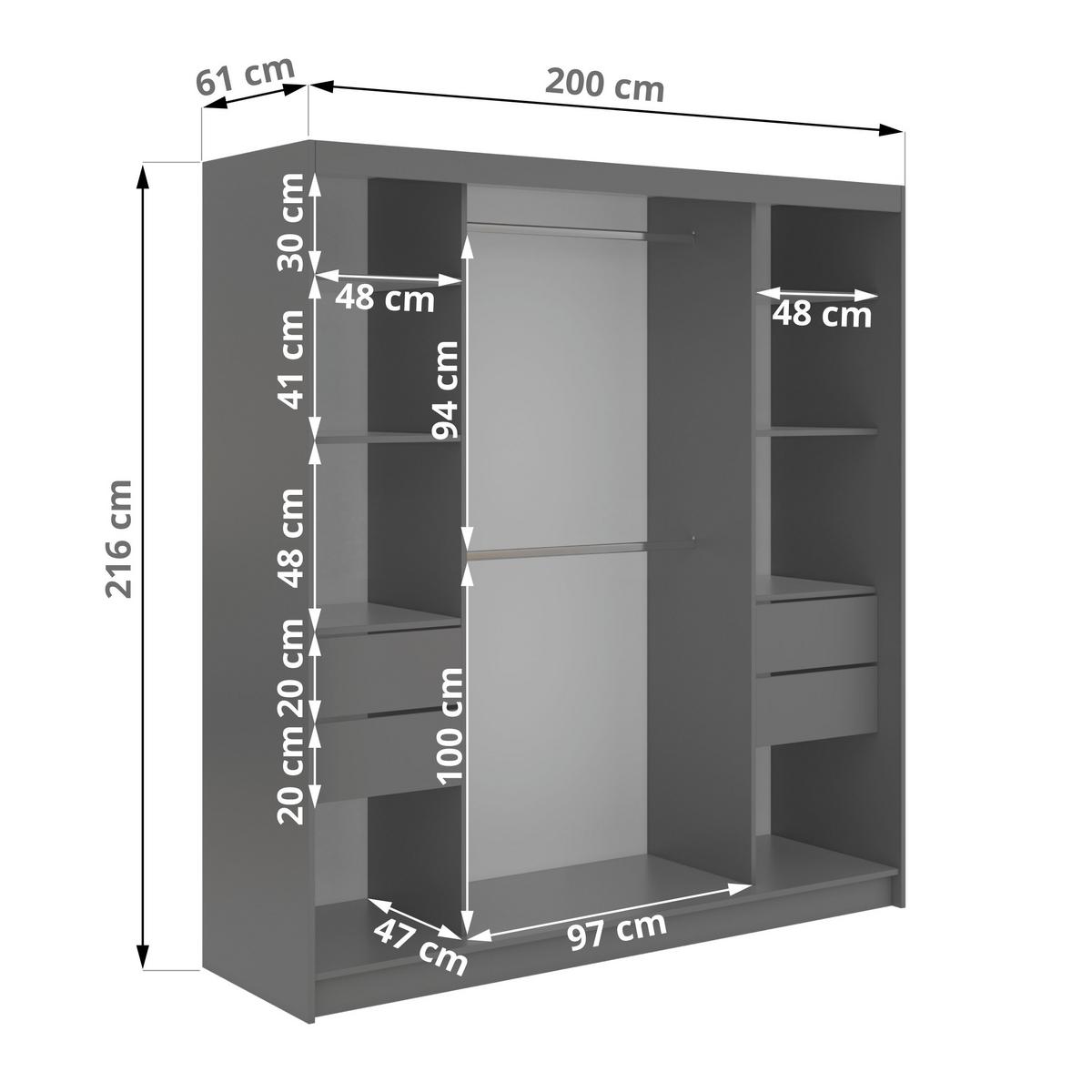 SCHWEBETÜRENSCHRANK mit Lamellen und Schubladen NAURU - 200 - Grau und Weiß - Alufarben/Weiß, Holzwerkstoff/Metall (200/216/61cm) - MKS