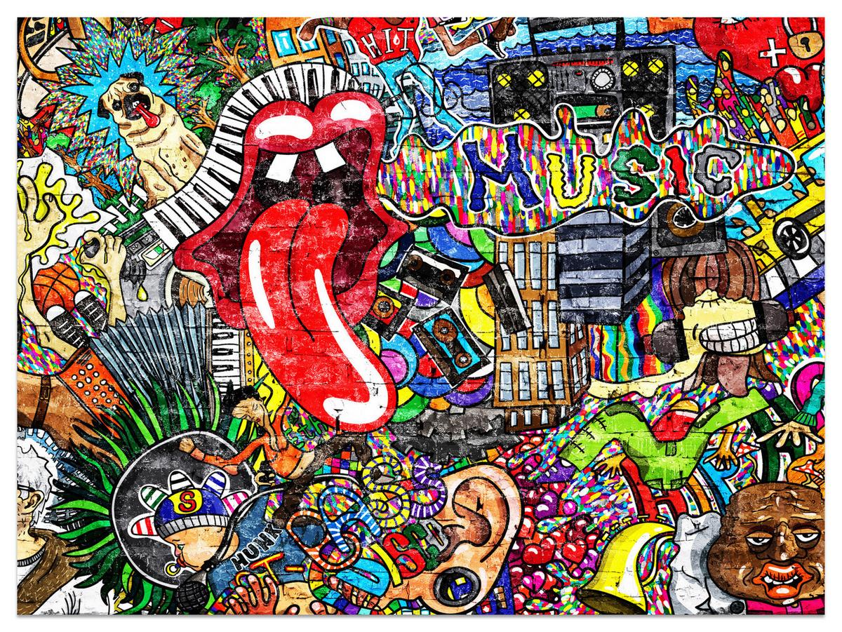 FOTOTAPETE für Jugendzimmer GRAFFITI Musik Abstrakt Farben 100x70 - Blau/Gelb, Papier (100/70cm) - Muralo