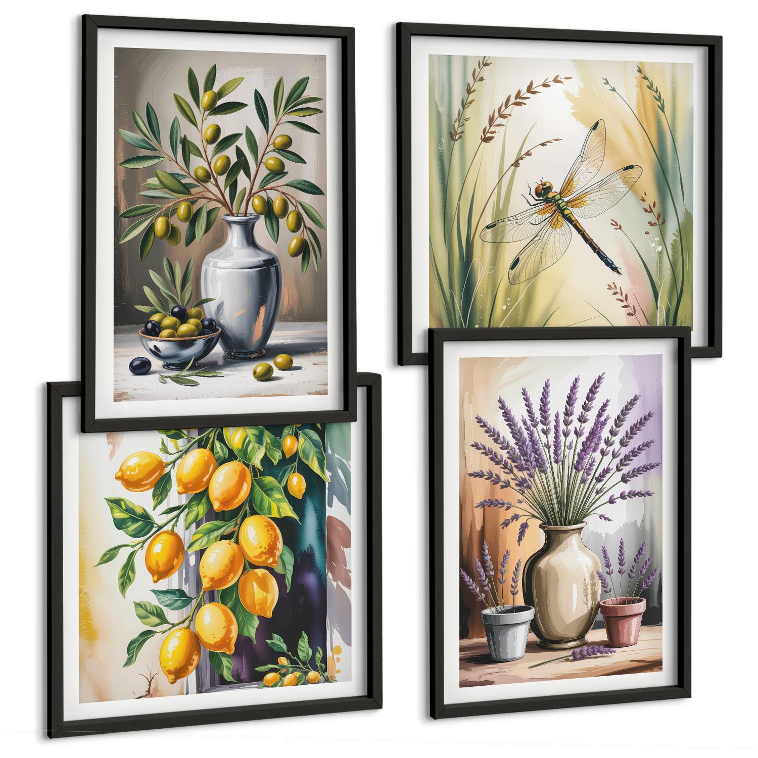 BILDER SET 4er Set - 50x50 cm & 40x60 cm Schwarzer Rahmen - Olivenblüten in Vasen Natur - Schwarz, Kunststoff (50/50cm) - TULUP