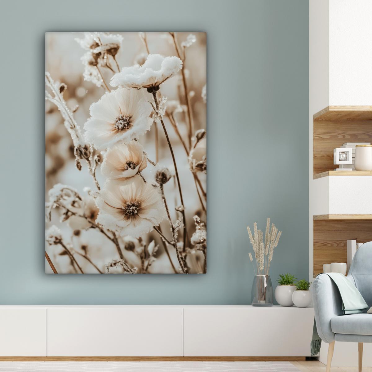 LEINWANDBILD Blumen - Winter - Weiß - Schnee - Beige Deko XXL 80x120 cm - Creme, Textil (80/120cm) - MuchoWow