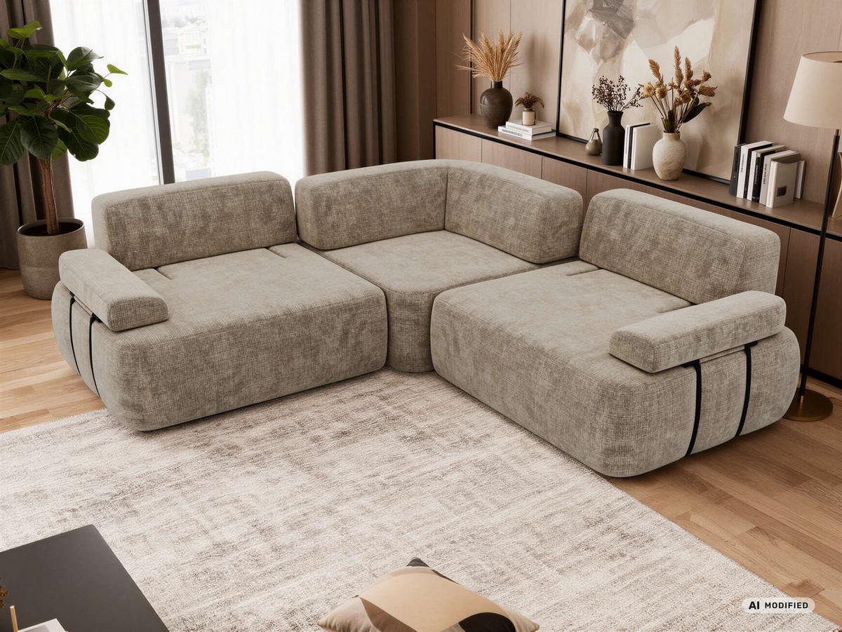 ECKSOFA MIREO L - Beige Schenille grob gewebt - Beige/Schwarz, Kunststoff/Textil (257/257cm) - MKS