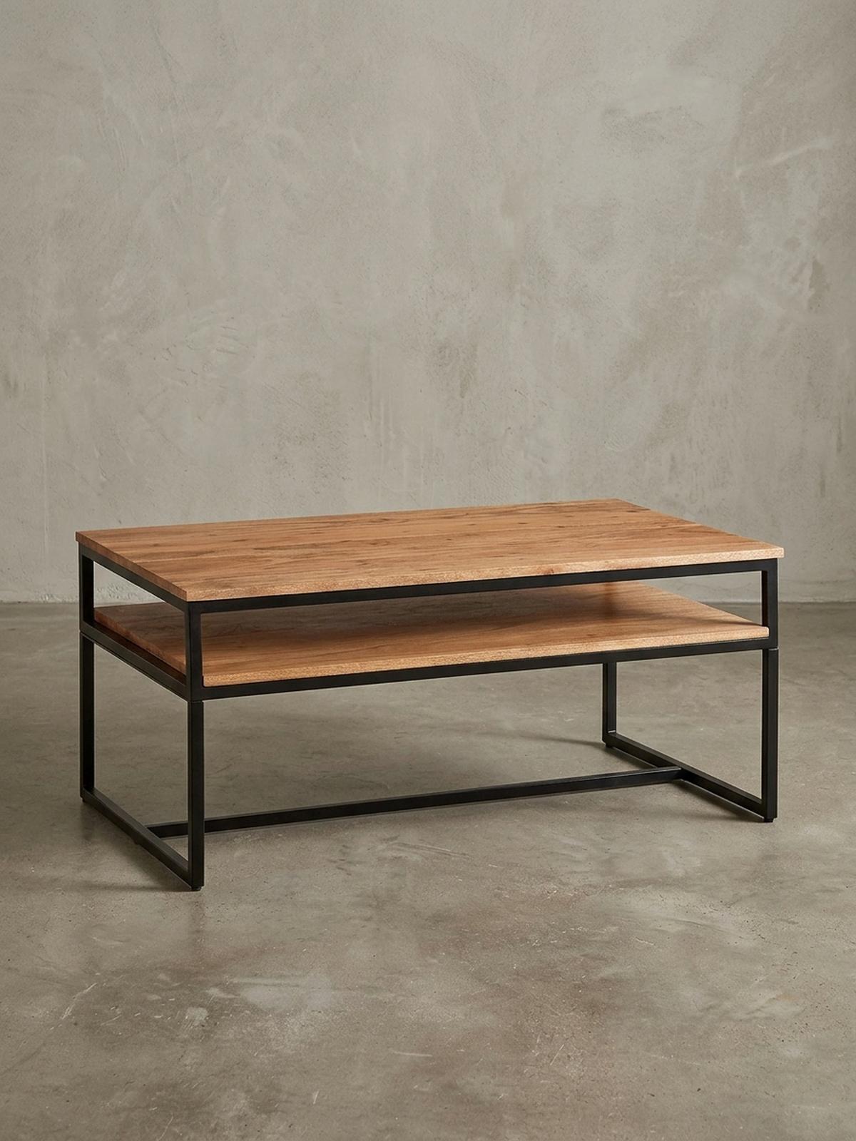 COUCHTISCH Industrial Vintage, Akazienholz und Eisen, 2 Ablagen, Belastbarkeit 15 kg - Beige/Schwarz, Holz/Metall (60/100/45cm) - KADIMA DESIGN