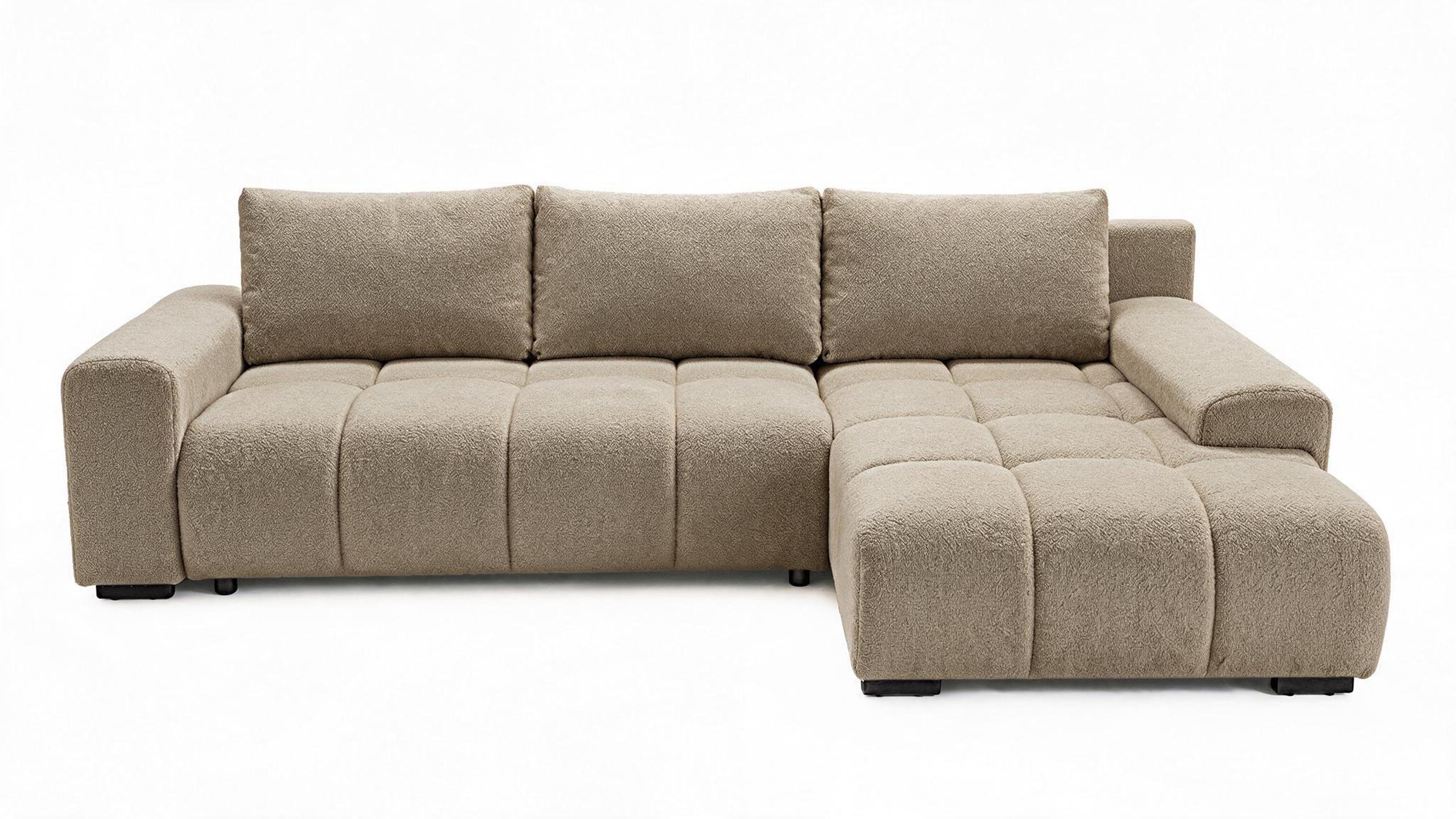 ECKSOFA Ovia mit Bettkasten und Schlaffunktion, Bouclé-Stoff in L-Form - Cappuccino, Textil (270/185cm)