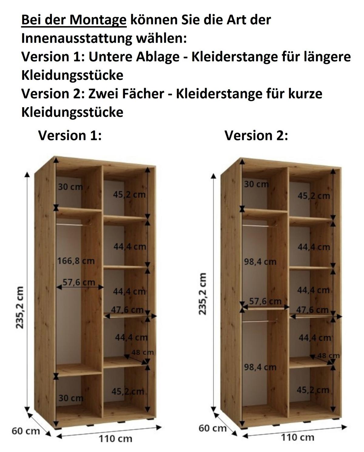 SCHWEBETÜRENSCHRANK 235,2/110/60 2-türig - Kaschmir/Schwarz, Holz/Metall (110/235.2/60cm) - MÖBEL KRYSPOL