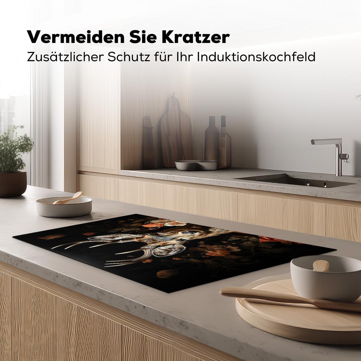 HERDABDECKPLATTE Hirsch - Tier - Blumen - Natur - Botanisch Induktionsmatte 83x51 cm - Kupferfarben, Kunststoff (83/51.5/0.2cm) - MuchoWow