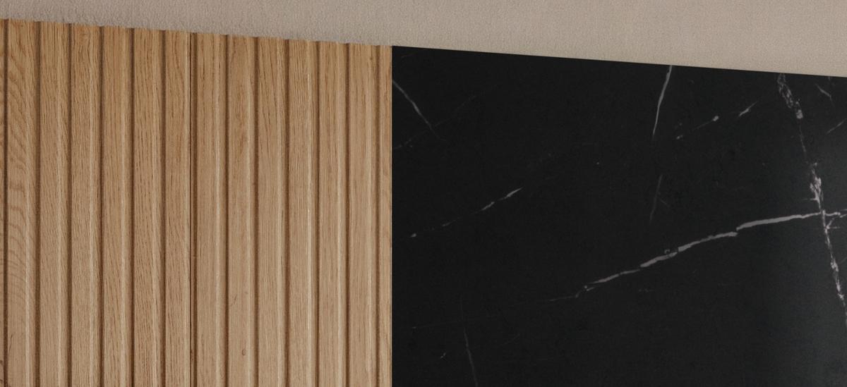 TV-LOWBOARD Cremona Eiche, Marmor schwarz 160 cm hängend, TV Unterschrank Set mit Wandpaneel - Eichefarben/Schwarz, Holzwerkstoff (160/148/35cm) - Inn.Furn