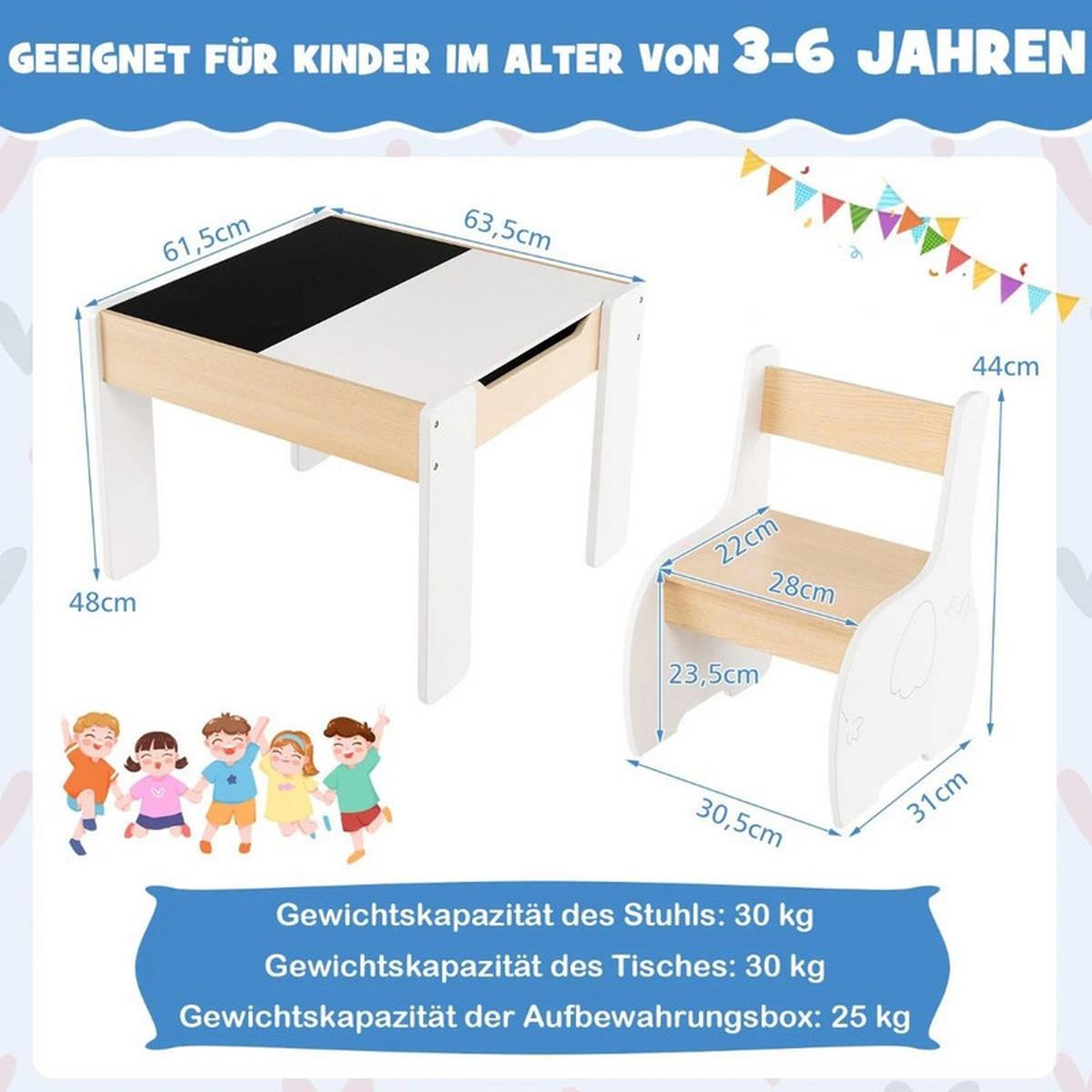 KINDERTISCH mit Stuhl weiß(3-tlg) - Weiß/Naturfarben, Holzwerkstoff (63.5/48/61.5cm) - COSTWAY