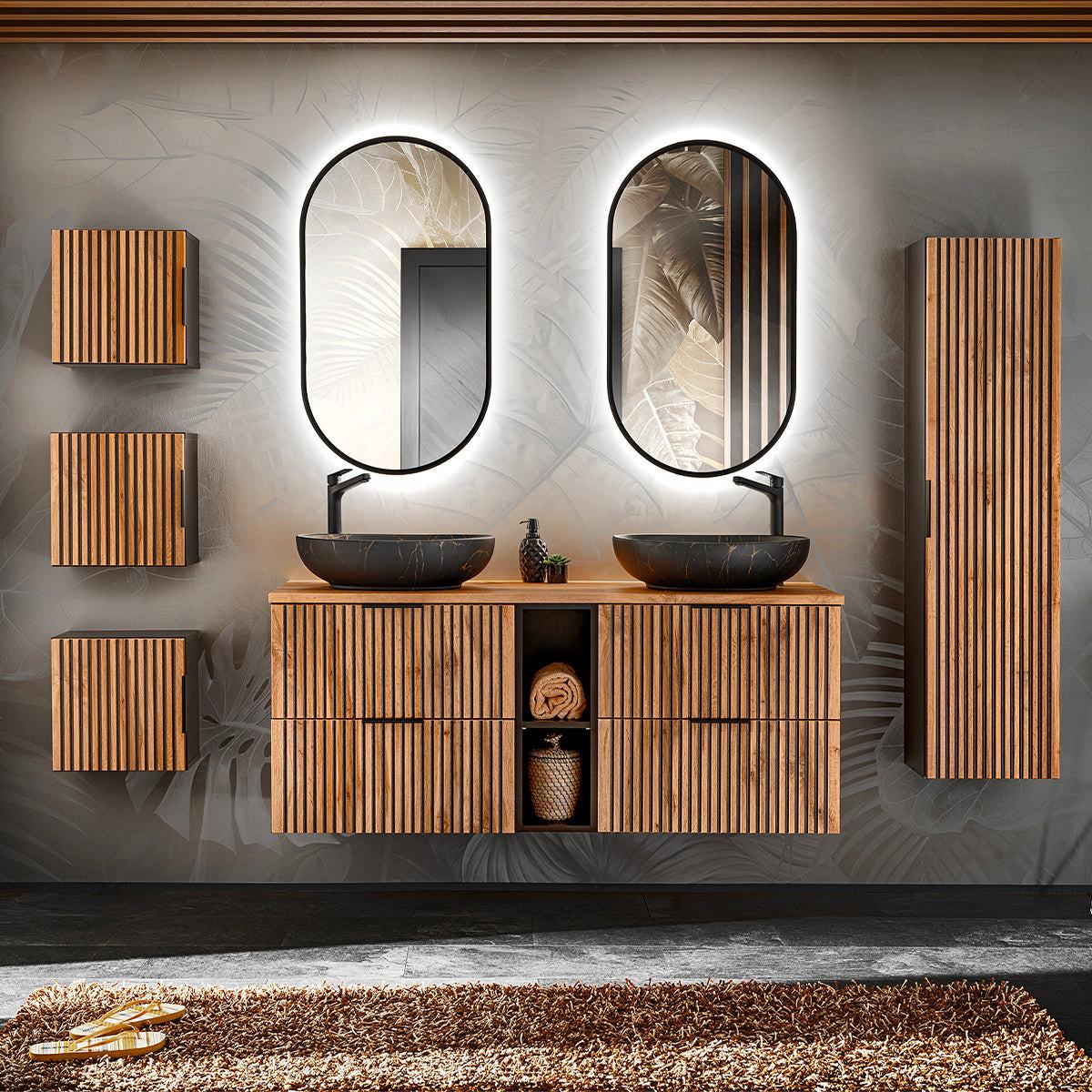 BADMÖBEL 140.6cm Gaia 2er-Set Holz in Eichenoptik und Schwarz - Braun, Holzwerkstoff (140.6/59/46cm) - Petits-meubles