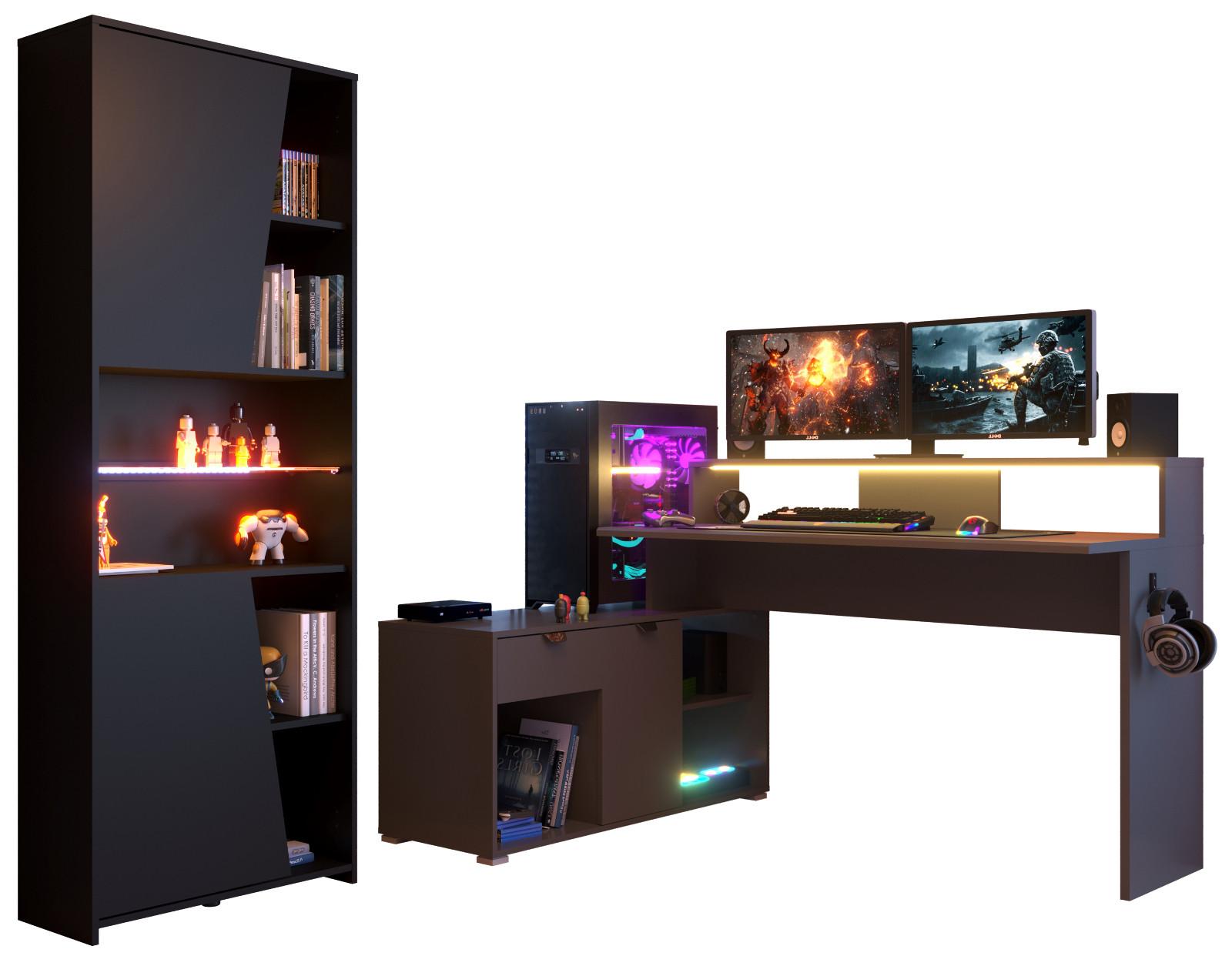 SCHREIBTISCHKOMBINATION schwarz, grau, Set Gamingtisch und Regal inkl. LED mit Farbwechsel - Schwarz/Grau, Holzwerkstoff/Kunststoff (180/229/95cm) - Parisot Meuble