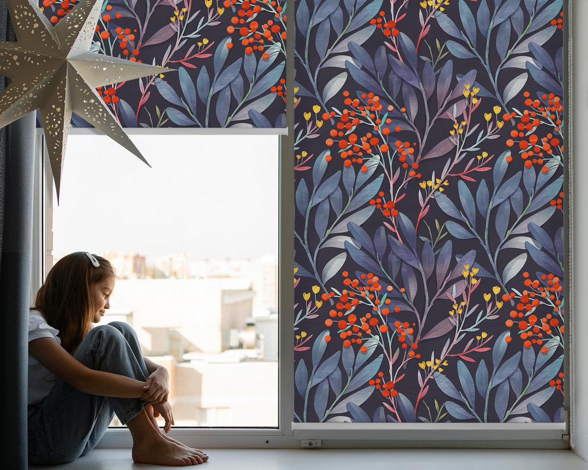 INNENROLLO - Fensterrollo - Rollo - 90x180 cm - Dunkle Blätter und Eberesche - Rot, Kunststoff (90/180/0.5cm) - TULUP