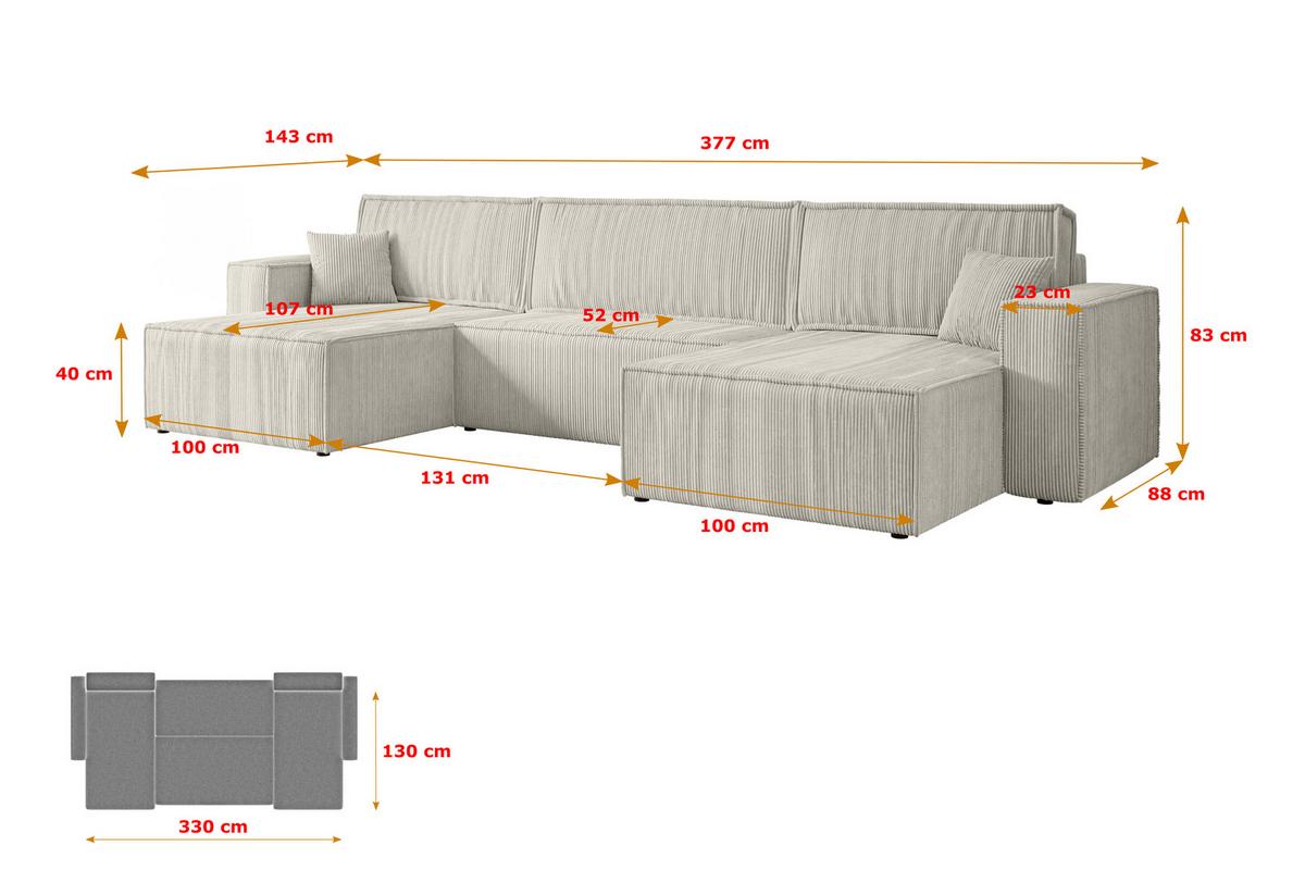 WOHNLANDSCHAFT mit Schlaffunktion und Bettkasten CELTIC-XLU - 377x143x83 cm Creme Cord - Hellgrau/Creme, Holzwerkstoff/Kunststoff (377/83/143cm) - ALTDECOR