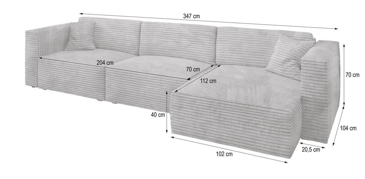 ECKSOFA TOLMO Hellgrau Kordstoff mit Schlaffunktion - Hellgrau/Grau, Holz/Kunststoff (347/148cm) - MASSENO