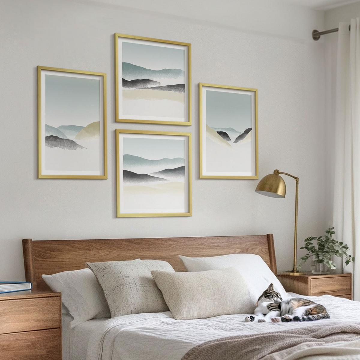 BILDER SET 4er Set - 50x50 cm & 40x60 cm Goldrahmen - Berge minimalistische Pastellfarben - Goldfarben, Kunststoff (50/50cm) - TULUP