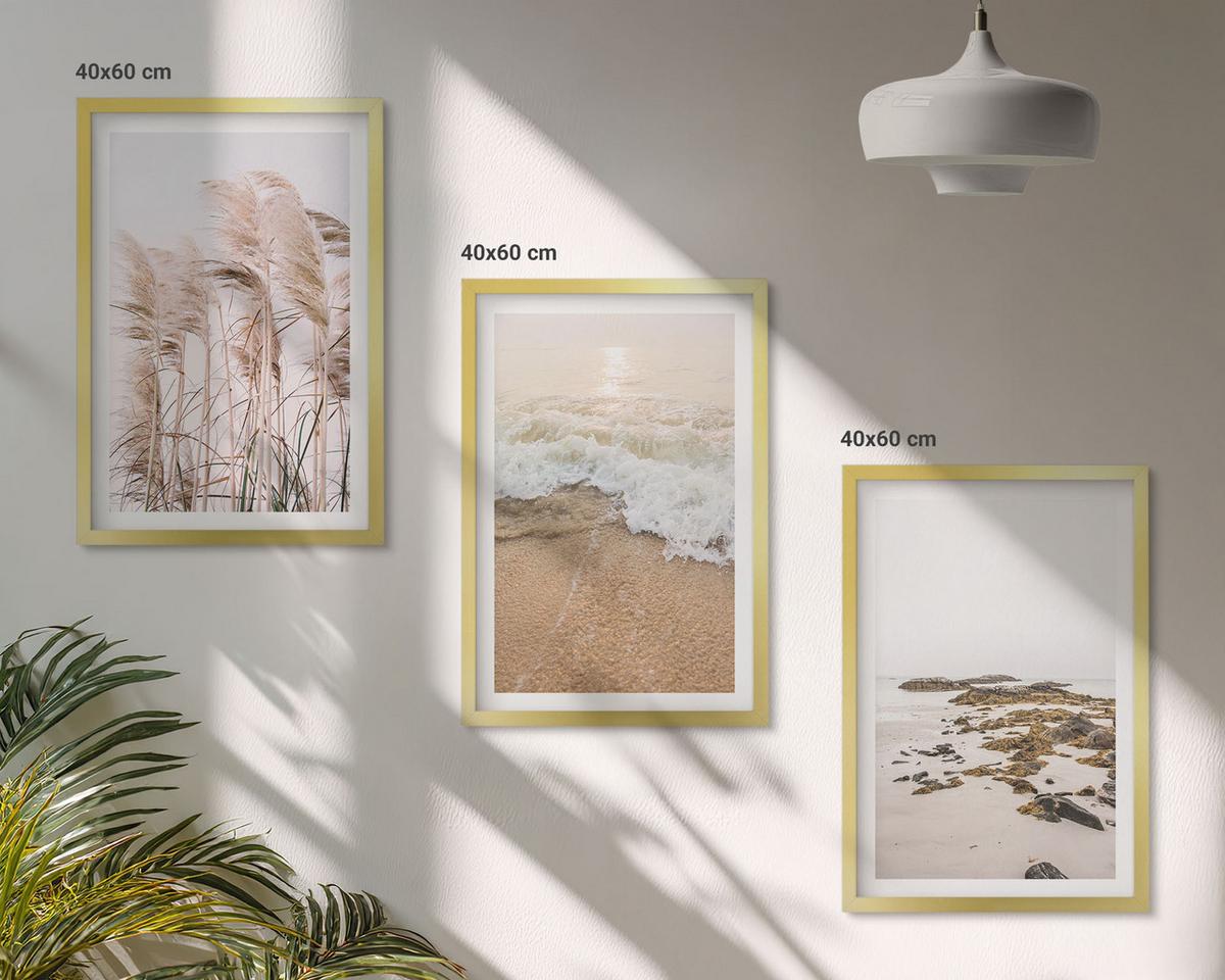 BILDER SET 3er Set - 40x60 cm Goldrahmen - Strandgras, Wellen, Steine, Boho-Stil - Goldfarben, Kunststoff (40/60cm) - TULUP