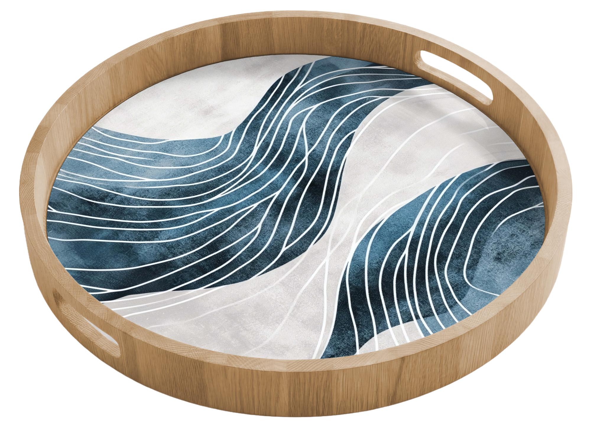 TABLETT Linien - Wellen - Abstrakt - Grau 50x50 cm - Blau, Holz (50/5/5cm) - OnlyWow