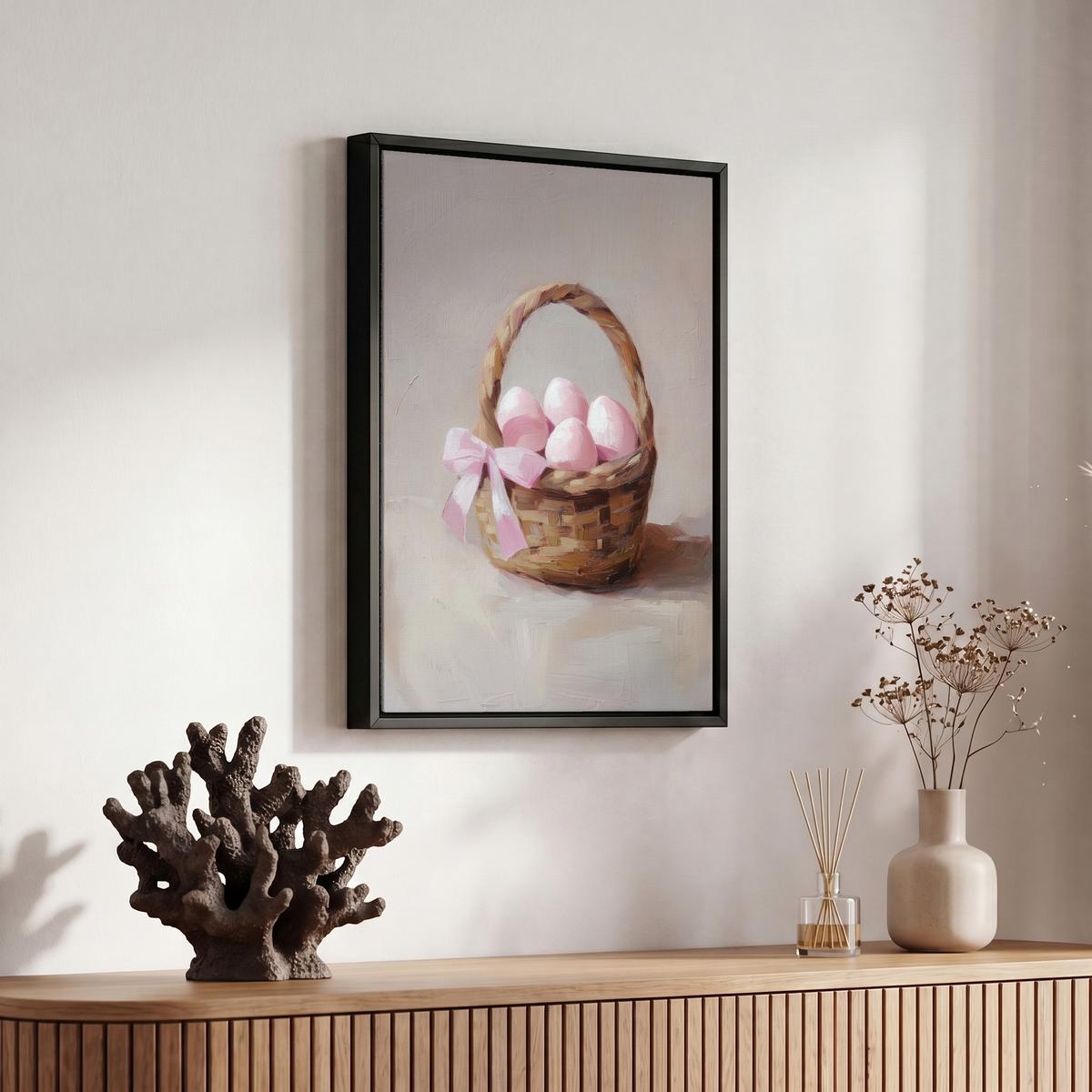 LEINWAND Bilder mit Rahmen - Korb - Eier - Rosa - 20x30 - Beige, Textil (20/30cm) - MuchoWow