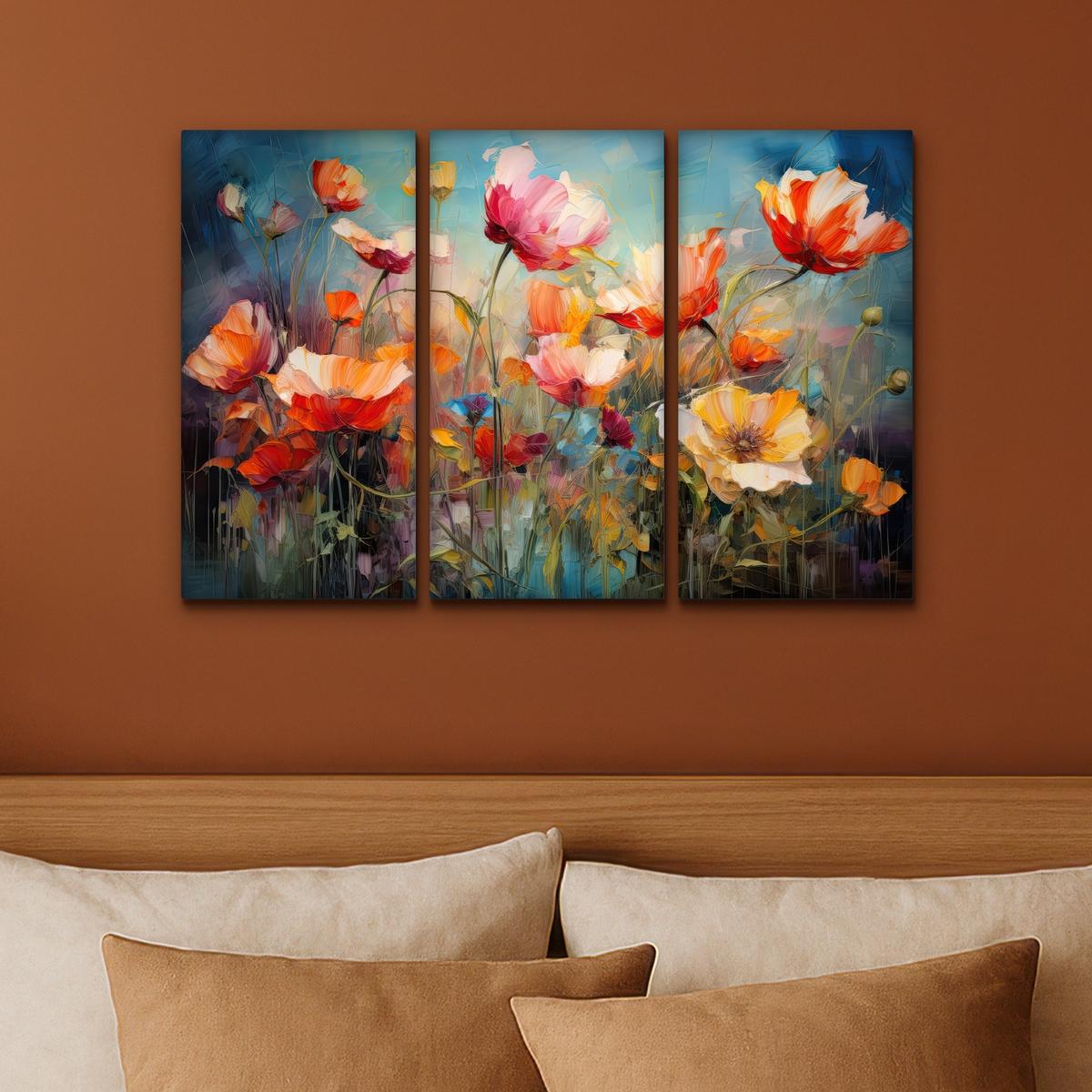 LEINWANDBILD 3er Set Blumen - Bunt - Abstrakt 60x40 cm - Blaugrau, Textil (60/40cm) - MuchoWow